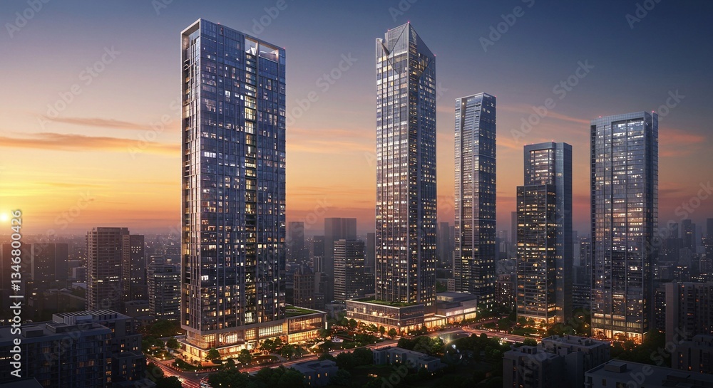 Obraz premium Modern skyscrapers at sunset. Residential architecture design for urban development. Property and real estate investment. Cityscape panorama with tall buildings. Architecture in the evening background