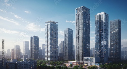 Impressive cartoon cityscape with tall buildings. Modern city skyscrapers and urban architecture background for real estate website, blog. Banner for architectural bureau. Downtown business district.