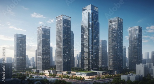 Impressive cartoon cityscape with tall buildings. Modern city skyscrapers and urban architecture background for real estate website, blog. Banner for architectural bureau. Downtown business district.