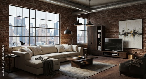 Wallpaper Mural Living room interior with sofa against brick wall and city view. Modern apartment with stylish furniture for real estate advertisement. Urban dwelling and home decor. Torontodigital.ca