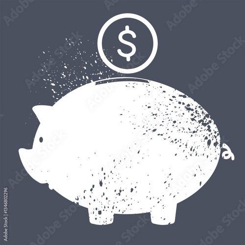 Saving money, deposit investment. Vector icon piggy bank with dollar coin, grunge style