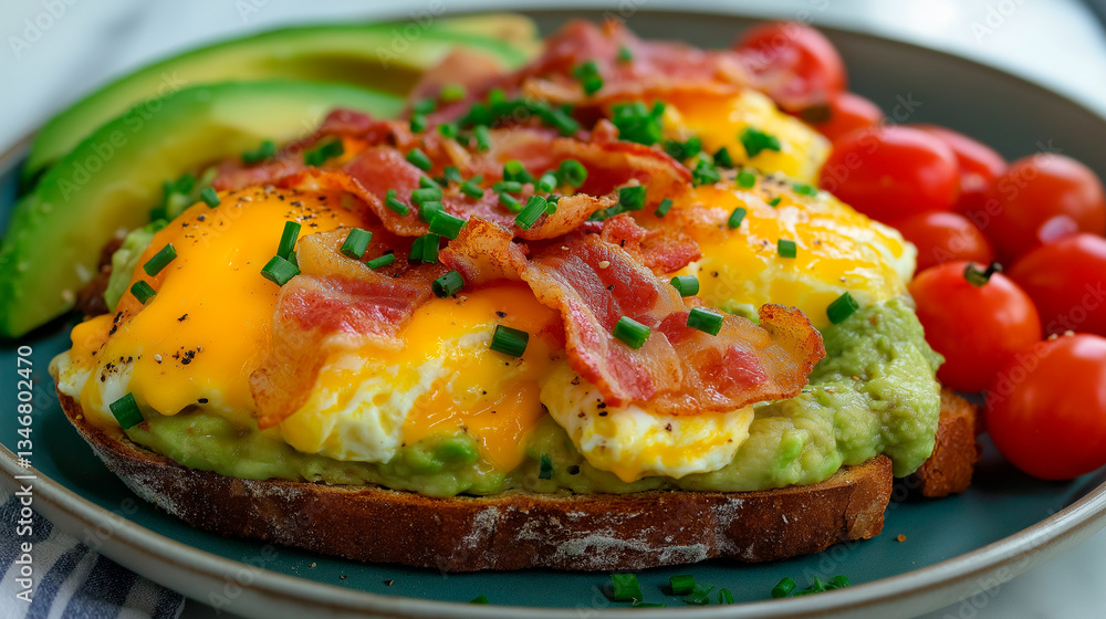 delicious breakfast with toast with avocado, egg, bacon, tomato and avocado. delicious breakfast with toast with avocado, egg, bacon, tomato and avocado.