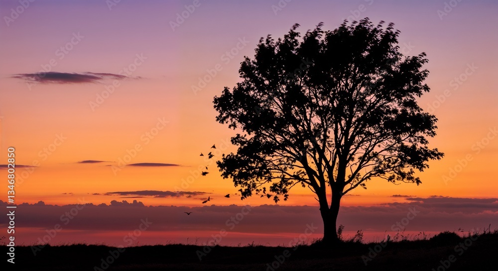 Solitary silhouetted tree at sunset, peaceful and scenic, standing against a colorful twilight sky Solitary silhouetted tree at sunset, peaceful and scenic, standing against a colorful twilight sky