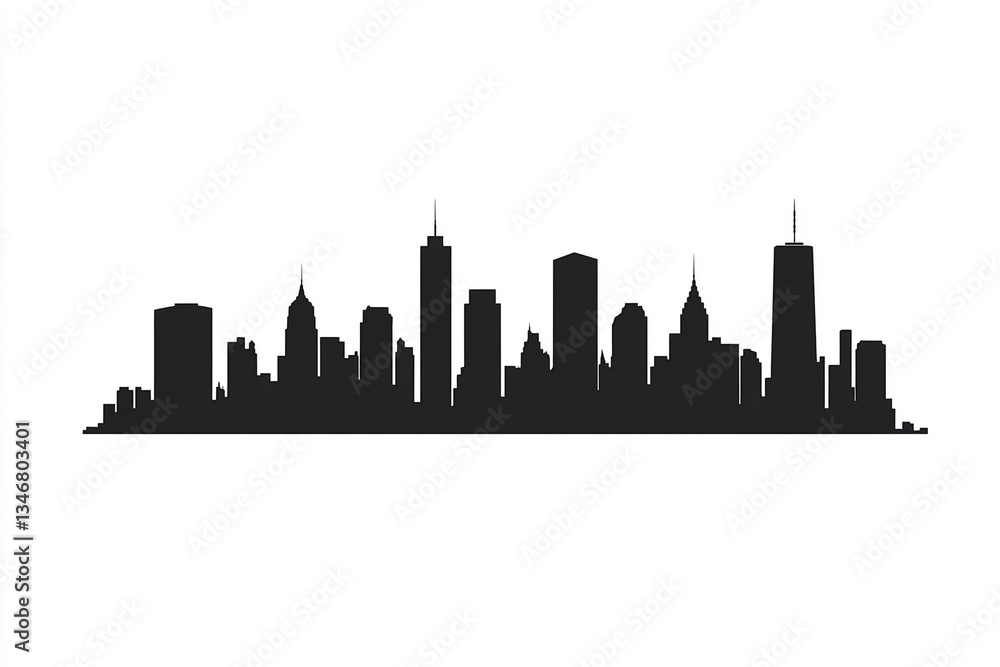 Naklejka premium A black-and-white city skyline with distinct skyscrapers and buildings, reflected symmetrically in a water-like surface, offering a bold and modern aesthetic.