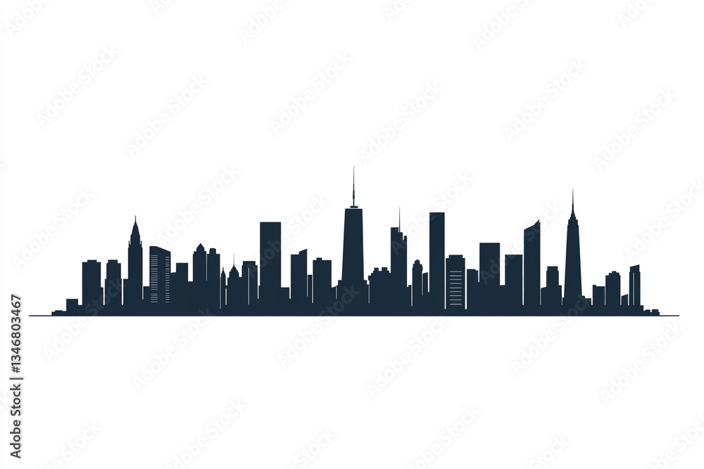 Naklejka premium A black-and-white city skyline with distinct skyscrapers and buildings, reflected symmetrically in a water-like surface, offering a bold and modern aesthetic.