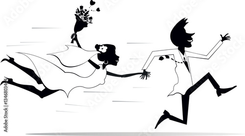 Married wedding couple running holding hands. 
Happy lovers characters. Happy running bridegroom holding hand of flying bride. Black and white illustration
