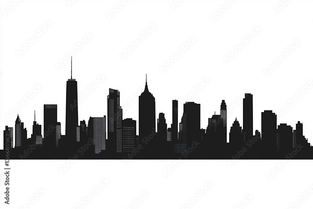 Naklejka premium A black-and-white city skyline with distinct skyscrapers and buildings, reflected symmetrically in a water-like surface, offering a bold and modern aesthetic.