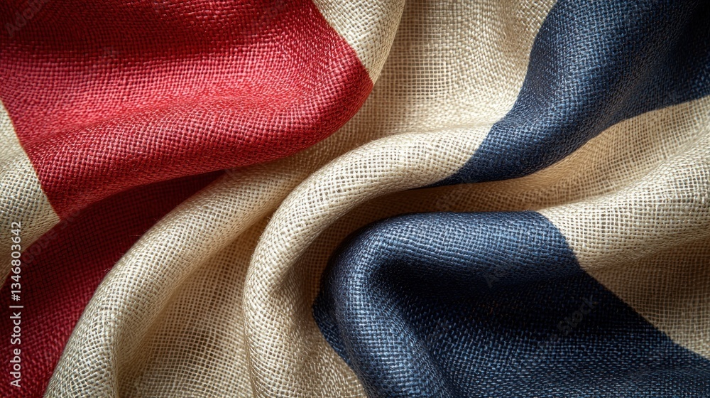Fototapeta premium Textured fabric with red, blue, and cream stripes
