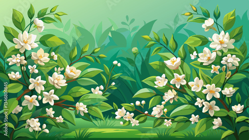 Beautiful spring border, blooming jasmine bush on a green background. Soft selective focus;