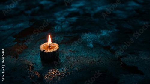 a candle with a flame on a wooden table