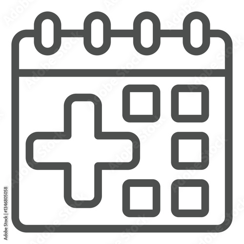 Calendar date with medical plus line icon, insurance concept. Vector graphics. Page with insured event sign on white background, outline style icon for mobile or web design.