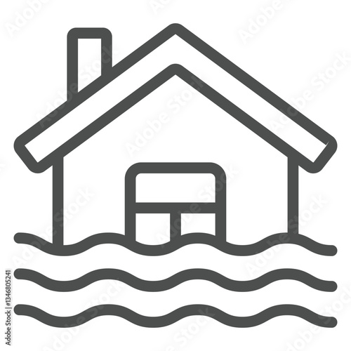 Water flooded house line icon, insurance event concept. Vector graphics. Cottage building underwater sign on white background, outline style icon for mobile or web design.