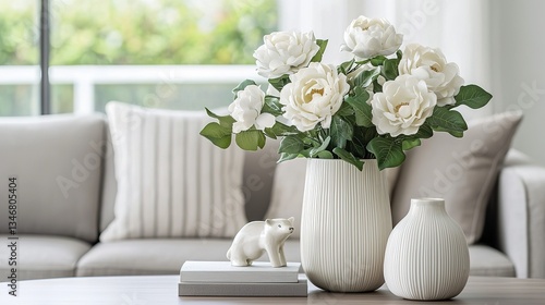 Elegant animal-shaped pottery and floral arrangement in a modern living room indoor decor cozy ambiance