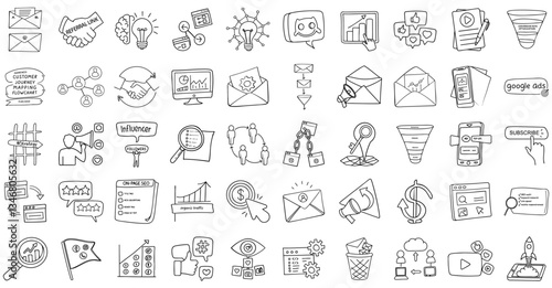 collection of hand drawn icons representing various digital marketing concepts, including email, social media, analytics, and customer engagement
