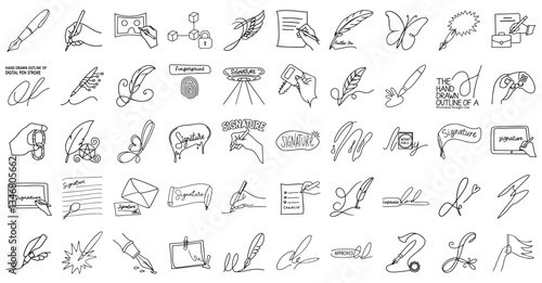 collection of hand drawn digital pen outlines featuring various signature styles and writing tools