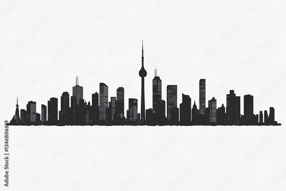 Naklejka premium A black-and-white city skyline with distinct skyscrapers and buildings, reflected symmetrically in a water-like surface, offering a bold and modern aesthetic.