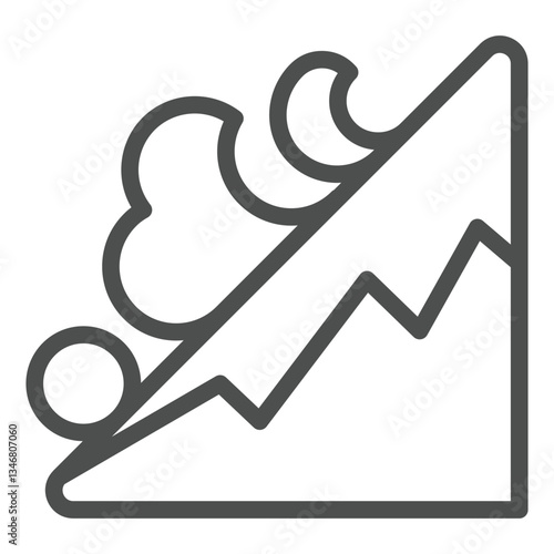 Mountain snow avalanche descent line icon, insurance event concept. Vector graphics. Falling snowslide sign on white background, outline style icon for mobile or web design.