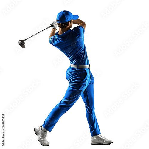 Golfer in Blue Attire Mid-Swing on White Studio Background, Focused Golfer
