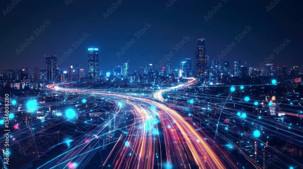 Night cityscape with illuminated roads and digital network connections. Night cityscape with illuminated roads and digital network connections.