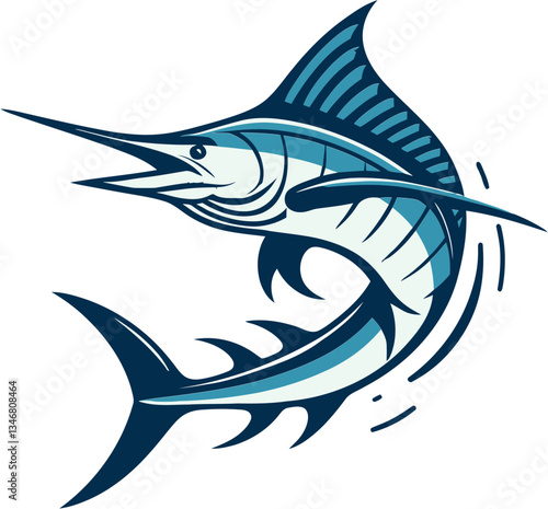 Swordfish and Marlin Fish Logos in Blue Tones,Vector illustration of marlin and swordfish in dynamic poses, ideal for fishing logos, marine themes, and sport fishing designs.