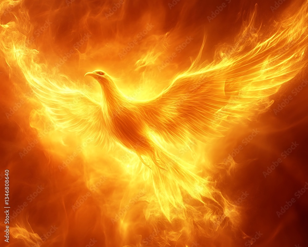 Fototapeta premium Fiery phoenix rising, enveloped in flames, rebirth concept
