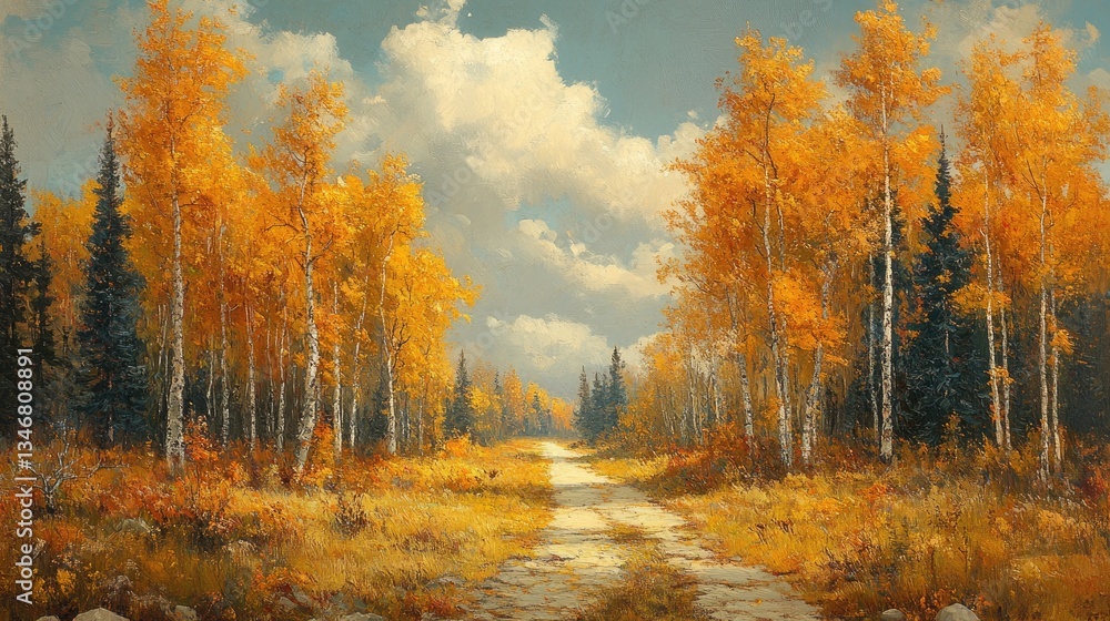 Autumn Forest Path, Painting, Nature Scenery, Peaceful Landscape, Image Use Stock Photography Autumn Forest Path, Painting, Nature Scenery, Peaceful Landscape, Image Use Stock Photography
