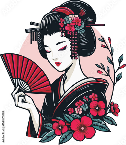 japanese geisha girl hand drawn logo design illustration