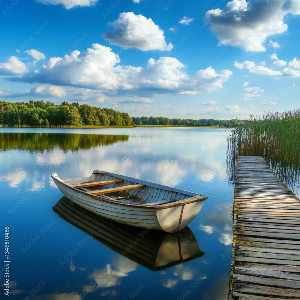 Fototapeta premium Beautiful lake landscape with row boat and old wooden lake bridge with beautiful sky and cloud background, place for rest and relax, calm water with fresh environment.