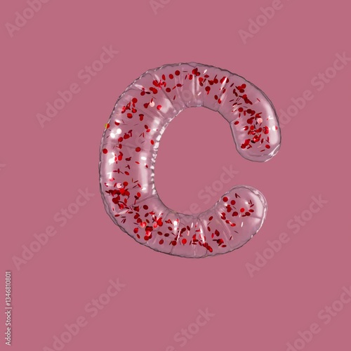 3d animation of a transparent letter C inflating balloon with red confetti on alpha channel