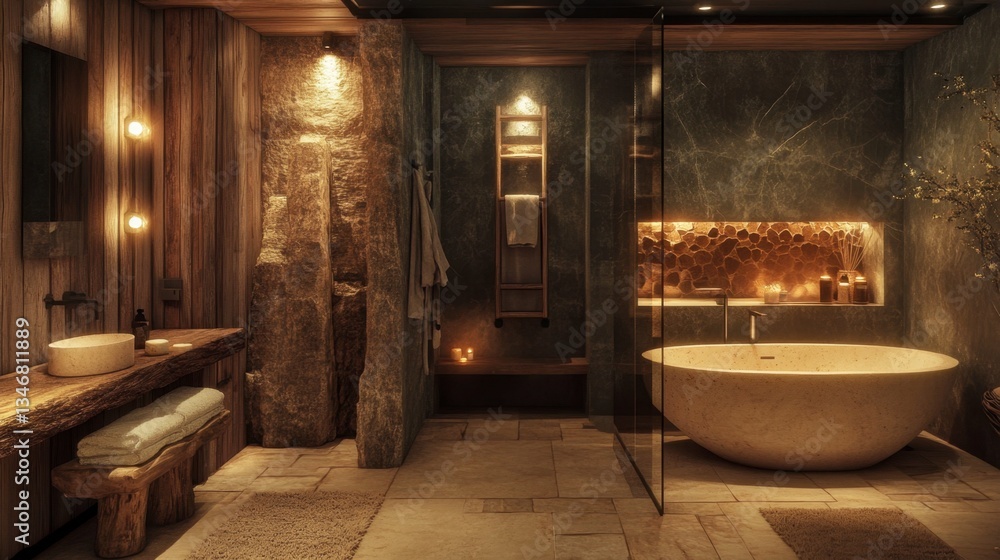 Elegant Modern Bathroom Design with Natural Stone Features and Warm Lighting Elegant Modern Bathroom Design with Natural Stone Features and Warm Lighting