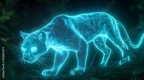 A neon panther prowling through a cybernetic jungle, its glowing eyes cutting through the darkness