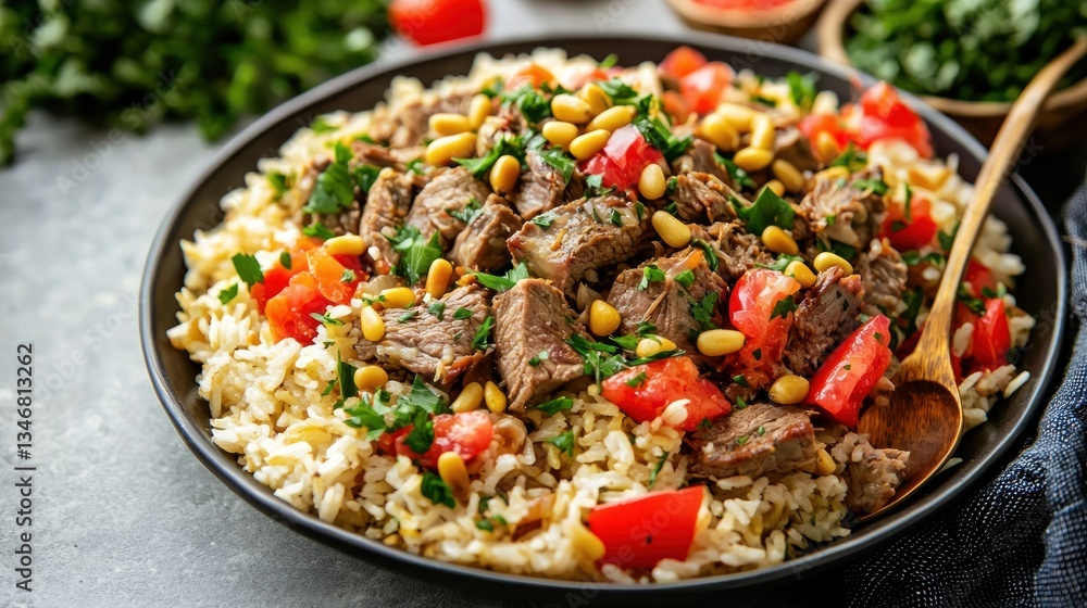 Delectable Lamb and Rice Dish Aromatic Spices Garnished with Fresh Tomatoes Parsley and Pine Nuts Delightful Food Photography Delectable Lamb and Rice Dish Aromatic Spices Garnished with Fresh Tomatoes Parsley and Pine Nuts Delightful Food Photography