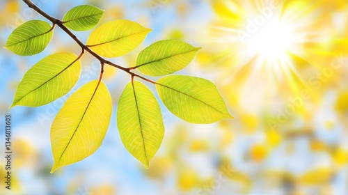 Close-Up of Green and Yellow Leaves Illuminated by Sunlight Against a Soft Bokeh Background