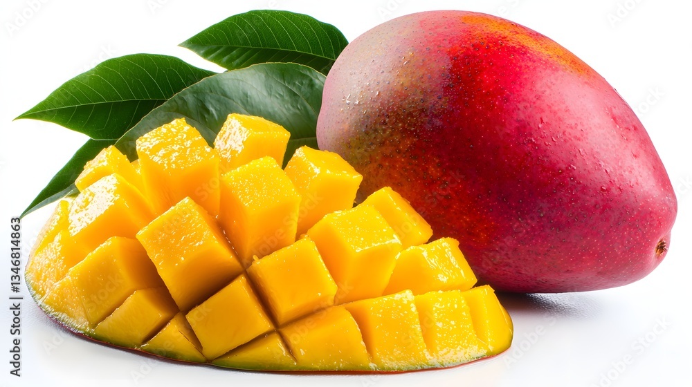 Ripe Mango with Vibrant Yellow Cubes and Green Leaves Displayed Against a White Background Ripe Mango with Vibrant Yellow Cubes and Green Leaves Displayed Against a White Background