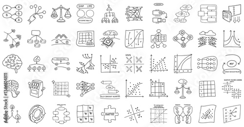 collection of hand drawn machine learning model diagrams, including neural networks, decision trees, and algorithms