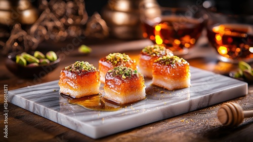 Delicious arabic dessert with pistachio topping on marble board golden tea and honey enhancer sweet food