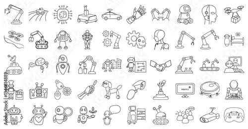 Various robotics and technology icons including robots, drones, and mechanical arms
