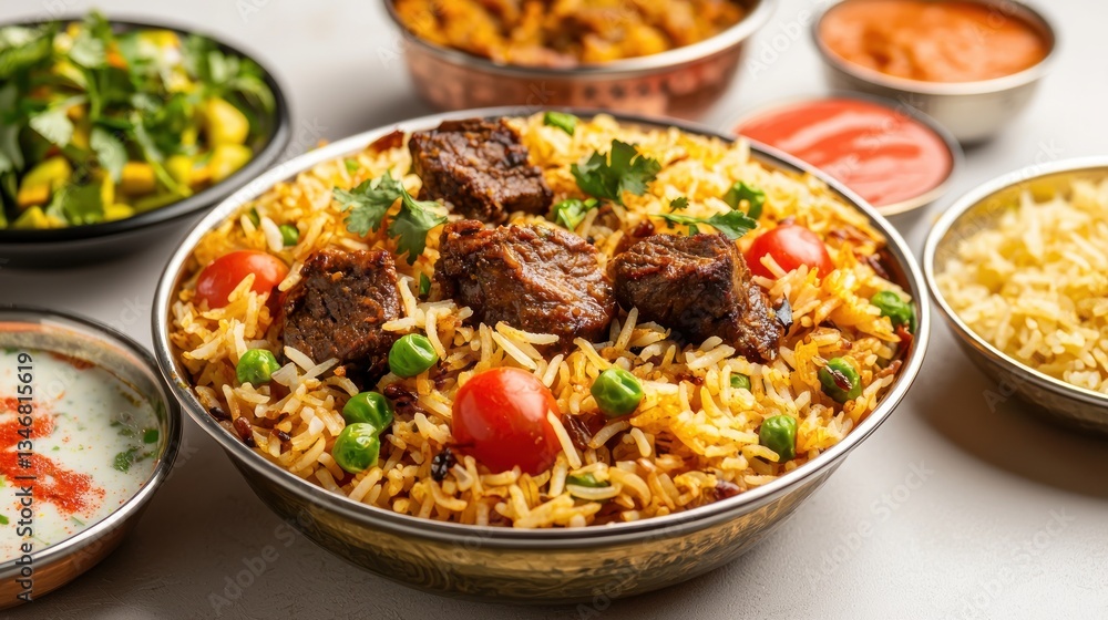 Exquisite lamb biryani beautifully presented in a copper bowl with aromatic rice traditional cuisine and fresh colorful garnish Exquisite lamb biryani beautifully presented in a copper bowl with aromatic rice traditional cuisine and fresh colorful garnish