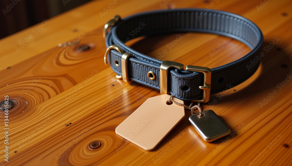 Obraz premium Elegant pet collar with name tag on wooden table, identity and care