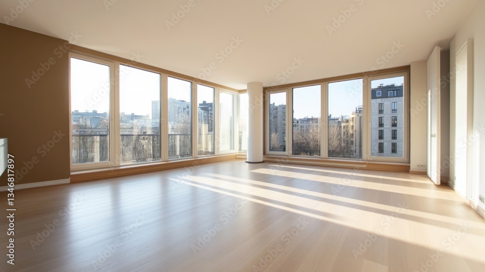 Obraz premium Bright contemporary apartment bathed in sunlight showcasing modern design and architectural harmony elegant empty room