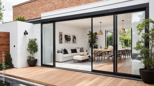 Interior and exterior of modern home with large sliding doors