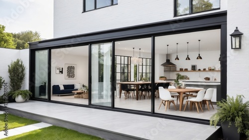 A modern home with large glass doors and interior spaces