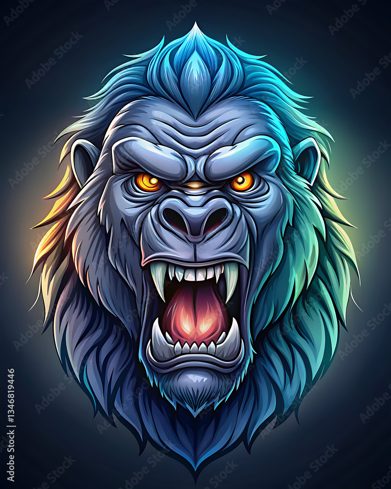 Obraz premium Black background Gorilla Head Tattoo, logo, icon, Design. Vector illustration, fierce gorilla head in the white background.