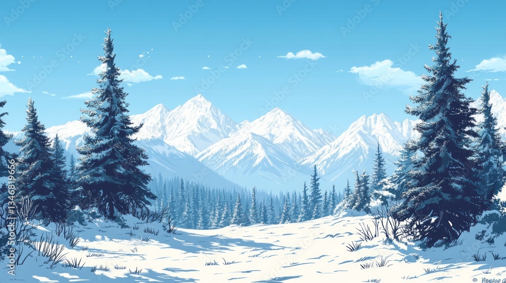 Fototapeta premium Winter Winter Landscape Scene Evergreen Clear Distant