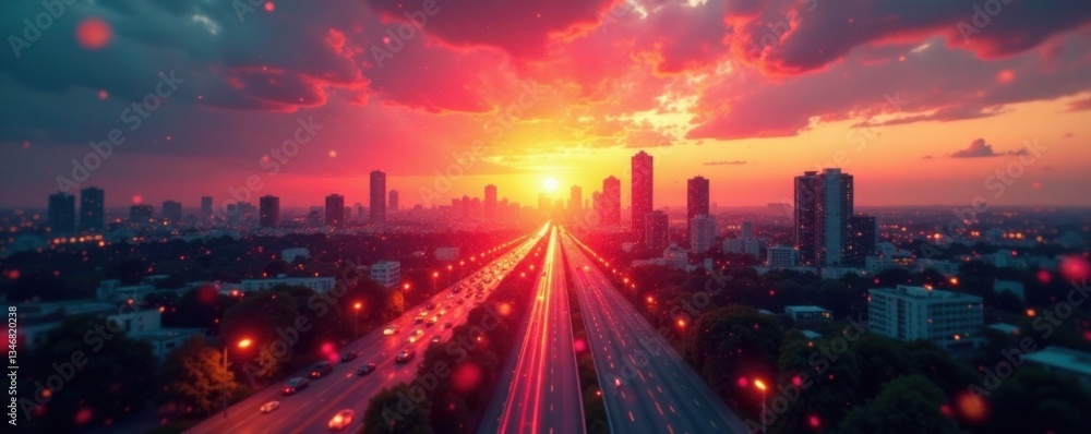 Fototapeta premium Bright dot explosion on urban cityscape at sunset, bold patterns, sunset