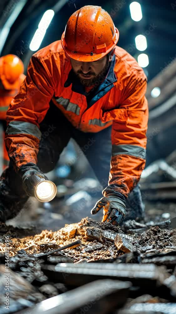 Worker in Orange Uniform Inspects Tunnel Infrastructure Worker in Orange Uniform Inspects Tunnel Infrastructure