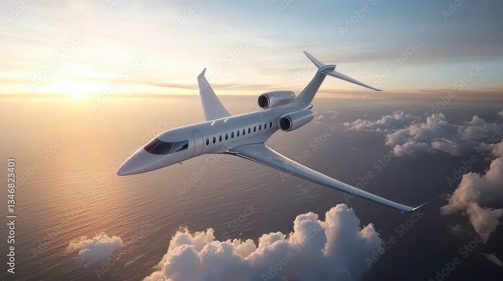 Fototapeta premium White Private Jet Soaring Above Ocean Clouds at Sunset
