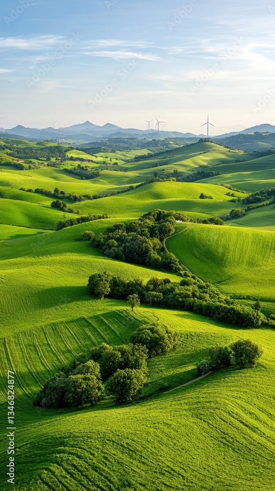 Obraz premium Aerial View of Lush Green Rolling Hills Under a Sunny Sky