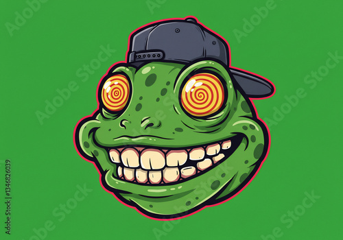 Smiling Green Cartoon Frog Wearing a Cap with Swirling Eyes