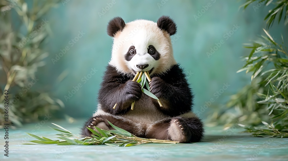 Fototapeta premium Adorable panda cub munching on bamboo shoots